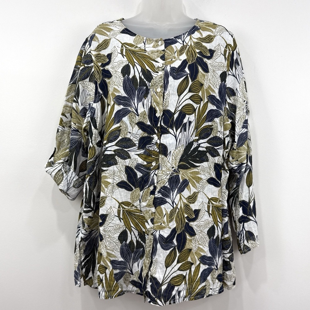 Tahari 100% Linen Top 2X Floral Lagenlook Roll Tab Tropical Beachy Button Up